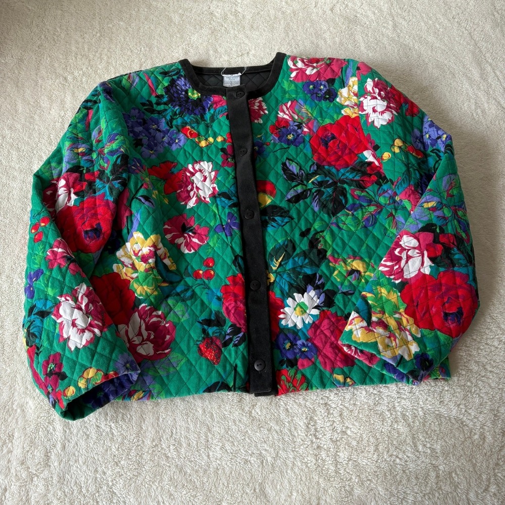 Vtg‎ Hartstrings Quilted Floral Jacket Women's L Green velvet Trim Cottage Core